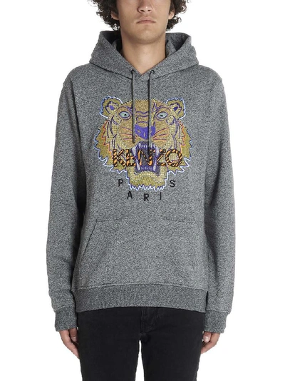 Shop Kenzo Tiger Embroidered Hoodie In Grey