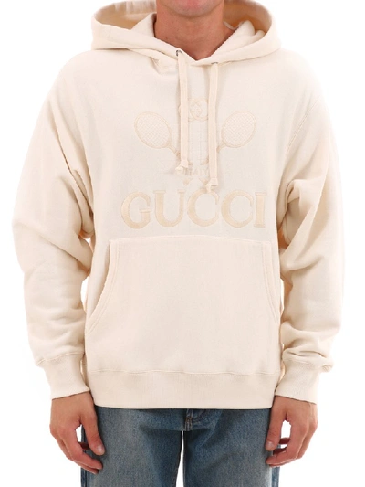 Shop Gucci Tennis Logo Hooded Sweatshirt In White