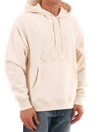 Shop Gucci Tennis Logo Hooded Sweatshirt In White