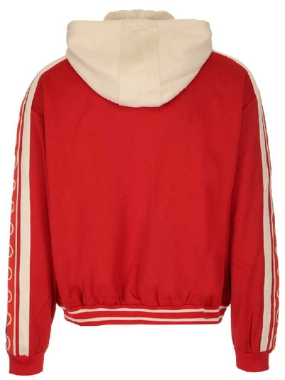 Shop Gucci Logo Sleeve Band Hooded Bomber Jacket In Red