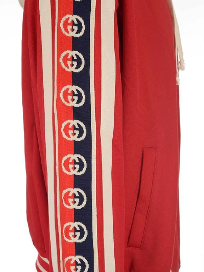 Shop Gucci Logo Sleeve Band Hooded Bomber Jacket In Red