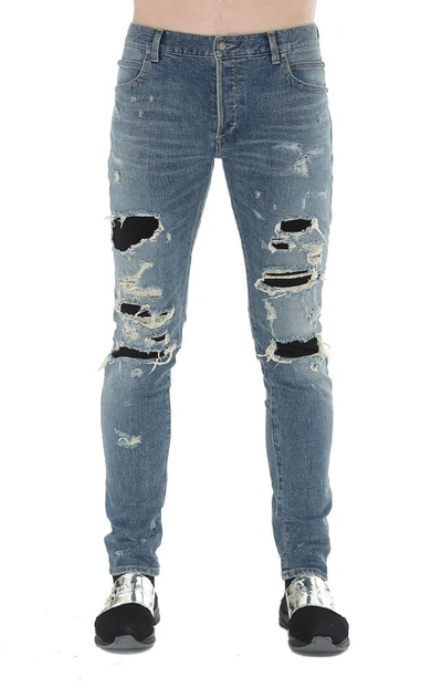 Shop Balmain Distressed Skinny Jeans In Multi