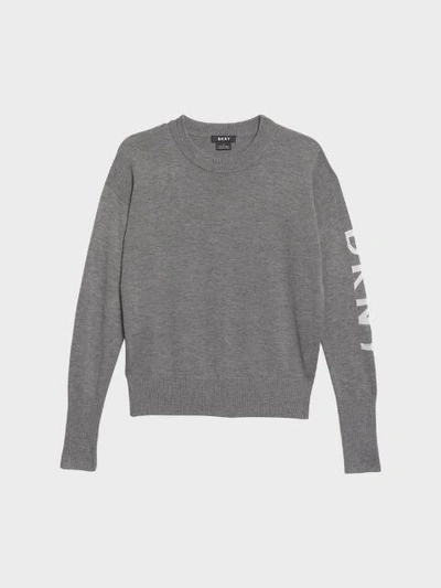 Shop Donna Karan Logo Sleeve Crew Neck Sweater In Heather Grey