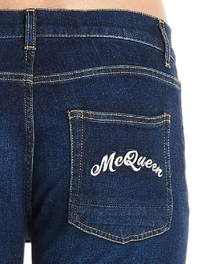 Shop Alexander Mcqueen Back Logo Embroidered Slim Fit Jeans In Blue