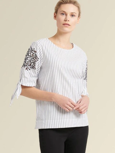 Shop Donna Karan Embroidered Top With Tie Sleeves In White/indigo