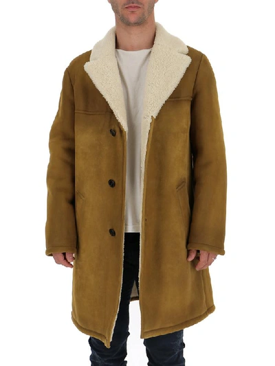 Shop Prada Shearling Trimmed Single Breasted Coat In Brown