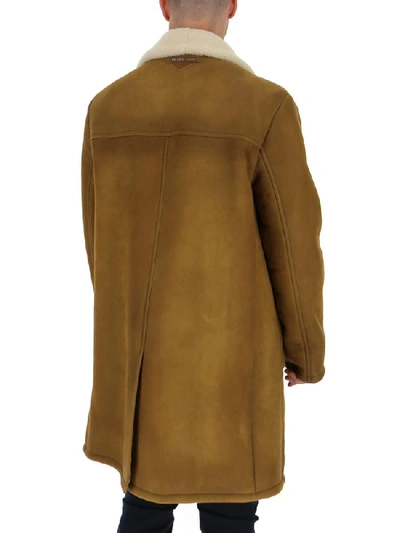 Shop Prada Shearling Trimmed Single Breasted Coat In Brown