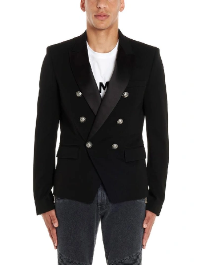 Shop Balmain Double Breasted Buttoned Blazer In Black