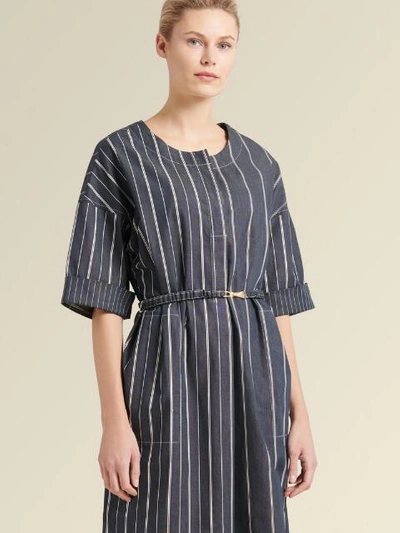 Shop Donna Karan Women's Collarless Striped Dress With Belt - In Indigo