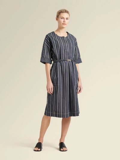 Shop Donna Karan Women's Collarless Striped Dress With Belt - In Indigo