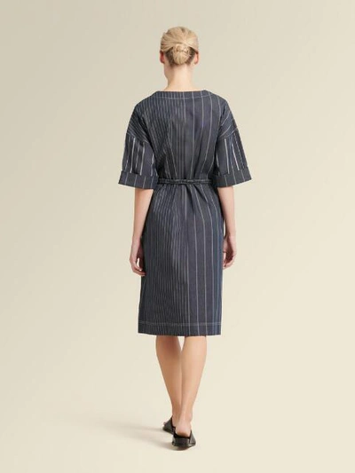 Shop Donna Karan Women's Collarless Striped Dress With Belt - In Indigo