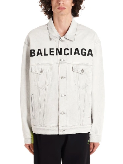 Balenciaga Men's Bleached Denim Jacket With Logo In White | ModeSens