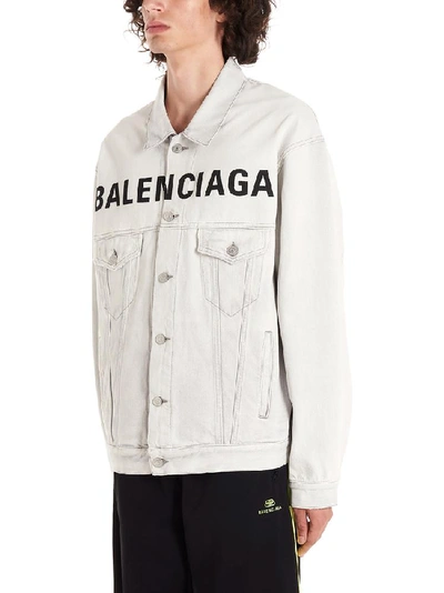 Shop Balenciaga Logo Printed Denim Jacket In Grey