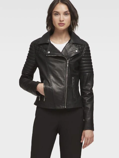 Shop Donna Karan Leather Jacket With Quilted Shoulder In Black