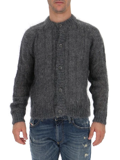 Shop Prada Ribbed Knitted Crewneck Cardigan In Grey