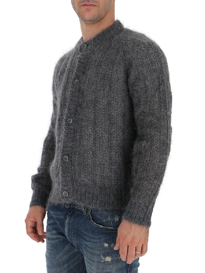 Shop Prada Ribbed Knitted Crewneck Cardigan In Grey