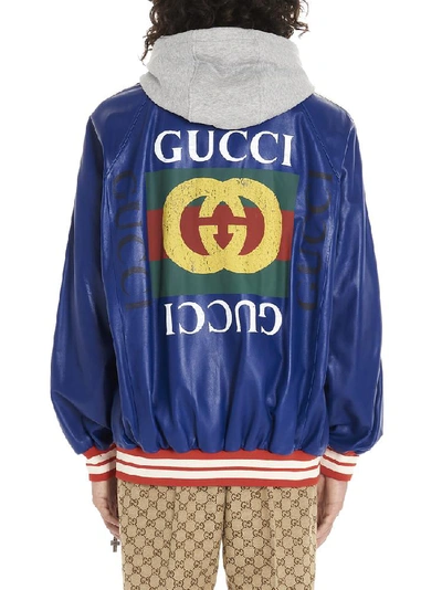 Shop Gucci Contrasting Panelled Logo Printed Bomber Jacket In Blue