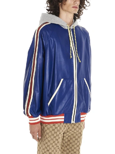 Shop Gucci Contrasting Panelled Logo Printed Bomber Jacket In Blue