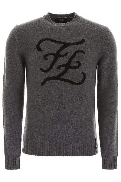 Shop Fendi Karligraphy Logo Crew Neck Sweater In Grey