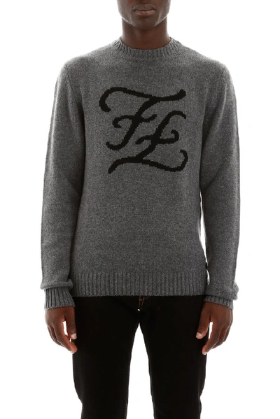 Shop Fendi Karligraphy Logo Crew Neck Sweater In Grey