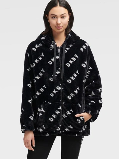Shop Donna Karan Logo Printed Sherpa Fleece Jacket In Black/white