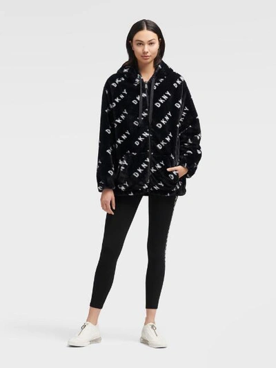 Shop Donna Karan Logo Printed Sherpa Fleece Jacket In Black/white