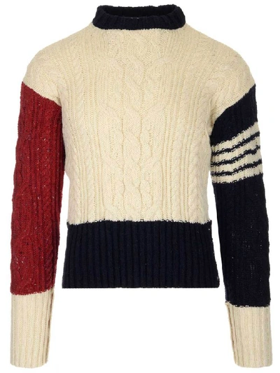 Shop Thom Browne Cable Knit Colour Block Sweater In Multicolor