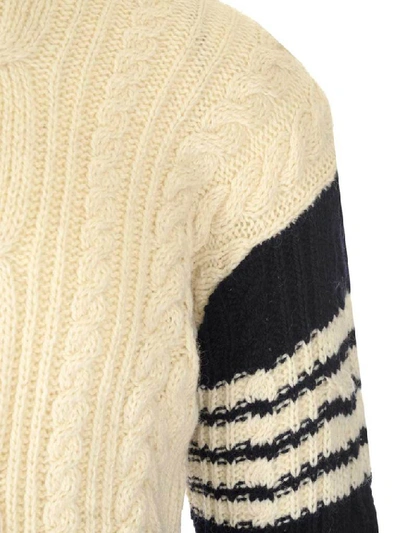 Shop Thom Browne Cable Knit Colour Block Sweater In Multicolor