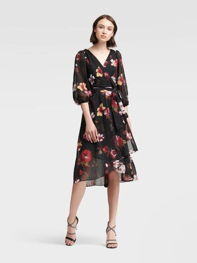 Shop Donna Karan Dkny Women's Bishop Sleeve Floral Wrap Dress - In Black Multi