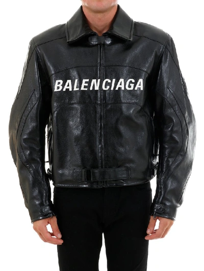 Shop Balenciaga Zipped Logo Biker Jacket In Black