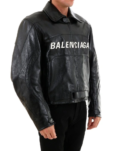 Shop Balenciaga Zipped Logo Biker Jacket In Black