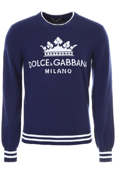 Shop Dolce & Gabbana Crown Logo Intarsia Pullover In Blue