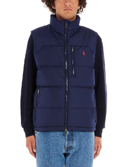 Shop Polo Ralph Lauren Logo Embroidered Down Gilet In Navy