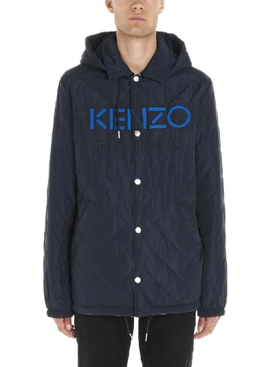 Shop Kenzo Logo Printed Reversible Hooded Jacket In Navy