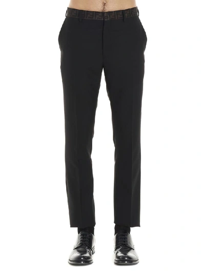 Shop Fendi Logo Tape Waistband Tailored Pants In Black