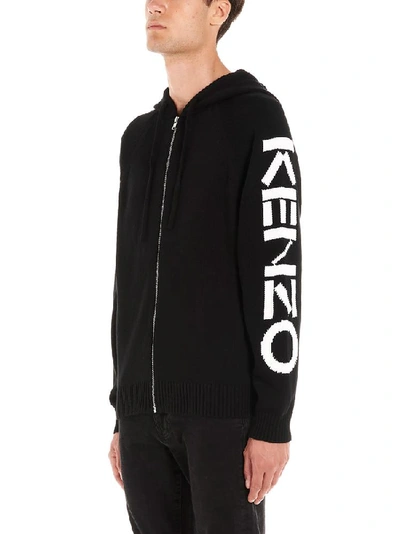 Shop Kenzo Logo Print Hooded Cardigan In Black