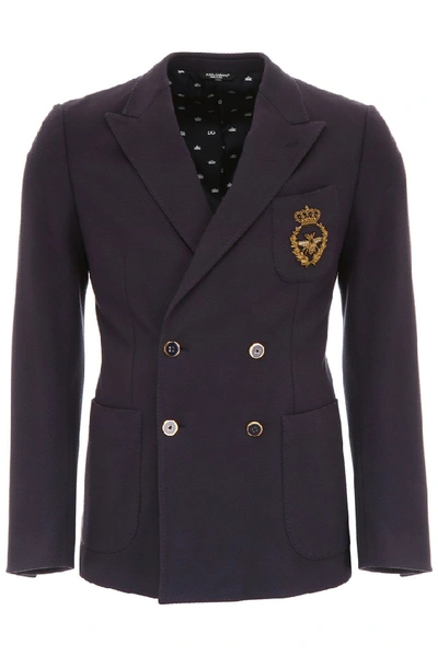 Shop Dolce & Gabbana Embroidered Bee Double Breasted Blazer In Blue
