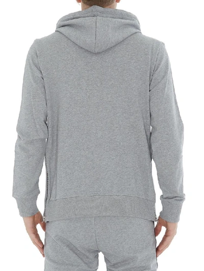 Shop Balmain Logo Band Zipped Hoodie In Grey