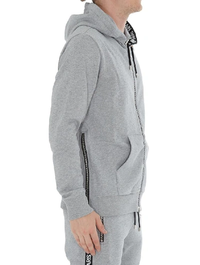 Shop Balmain Logo Band Zipped Hoodie In Grey