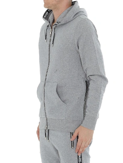 Shop Balmain Logo Band Zipped Hoodie In Grey