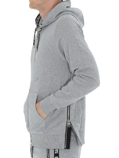 Shop Balmain Logo Band Zipped Hoodie In Grey