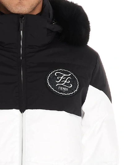 Shop Fendi Logo Patch Fur Trimmed Hood Down Jacket In Multi