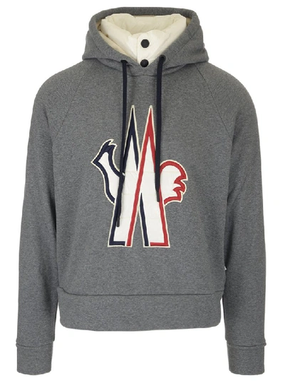 Shop Moncler Grenoble Embroidered Logo Hoodie In Grey