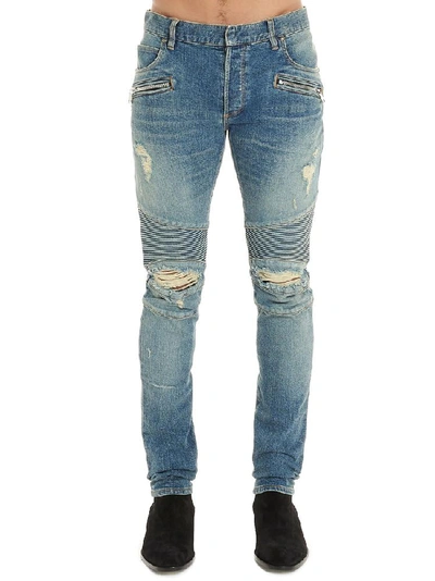 Shop Balmain Distressed Biker Jeans In Blue