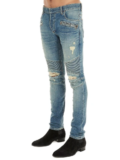 Shop Balmain Distressed Biker Jeans In Blue