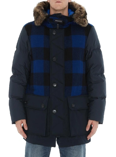 Shop Woolrich Checked Fur Trimmed Parka In Blue