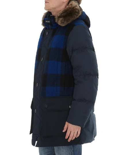 Shop Woolrich Checked Fur Trimmed Parka In Blue