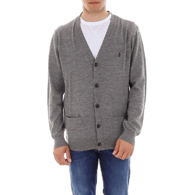 Shop Polo Ralph Lauren Logo Embroidered V Neck Knitted Cardigan In Grey