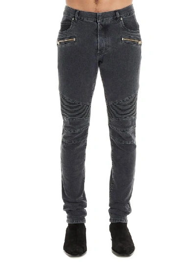 Shop Balmain Biker Skinny Jeans In Grey