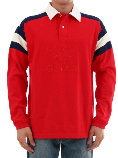 Shop Gucci Embroidered Tennis Logo Polo In Red